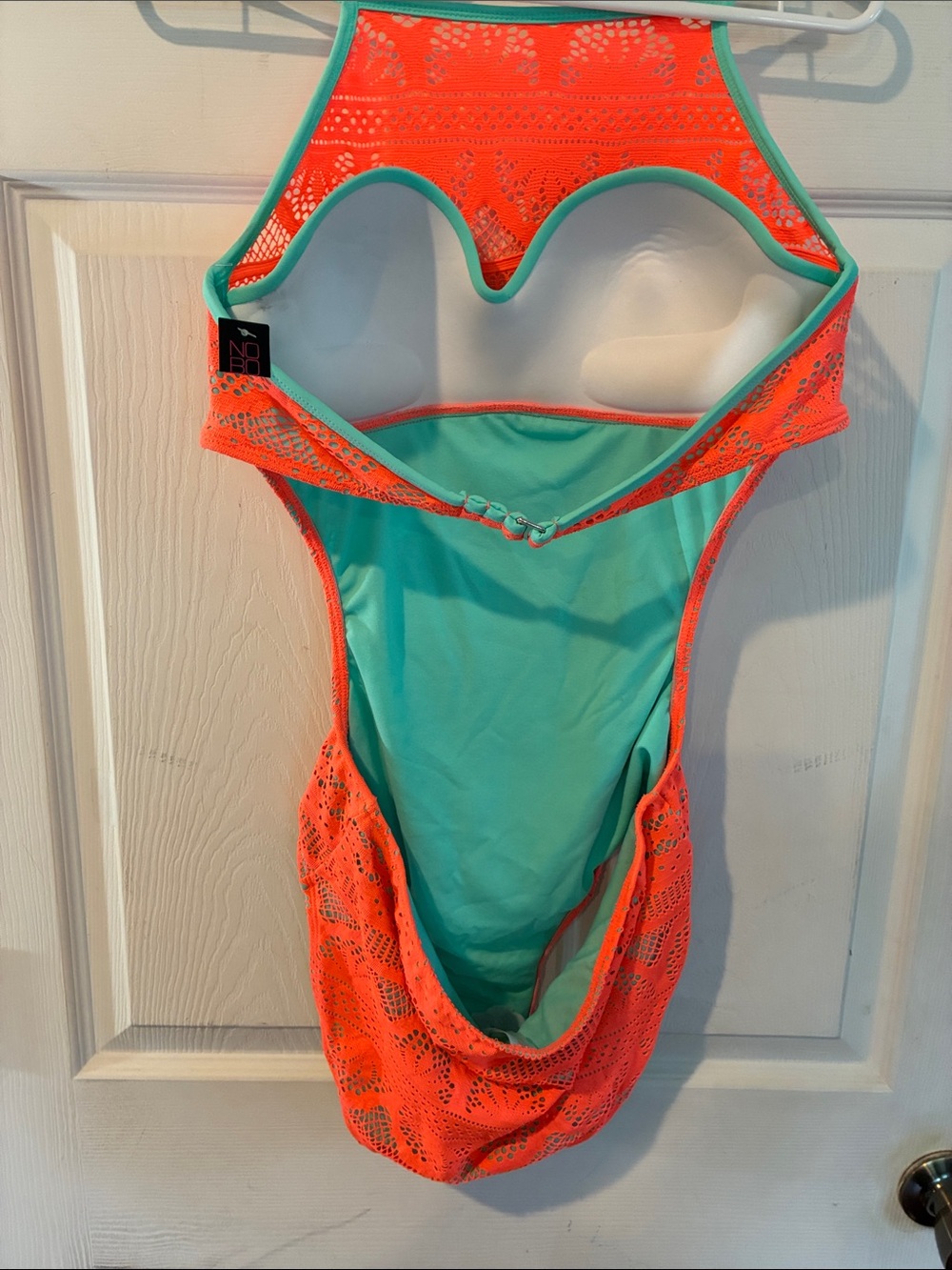 No Boundaries Size 11/13 Neon Coral Crochet One-Piece Swimsuit with Mint Trim - Picture 6 of 15